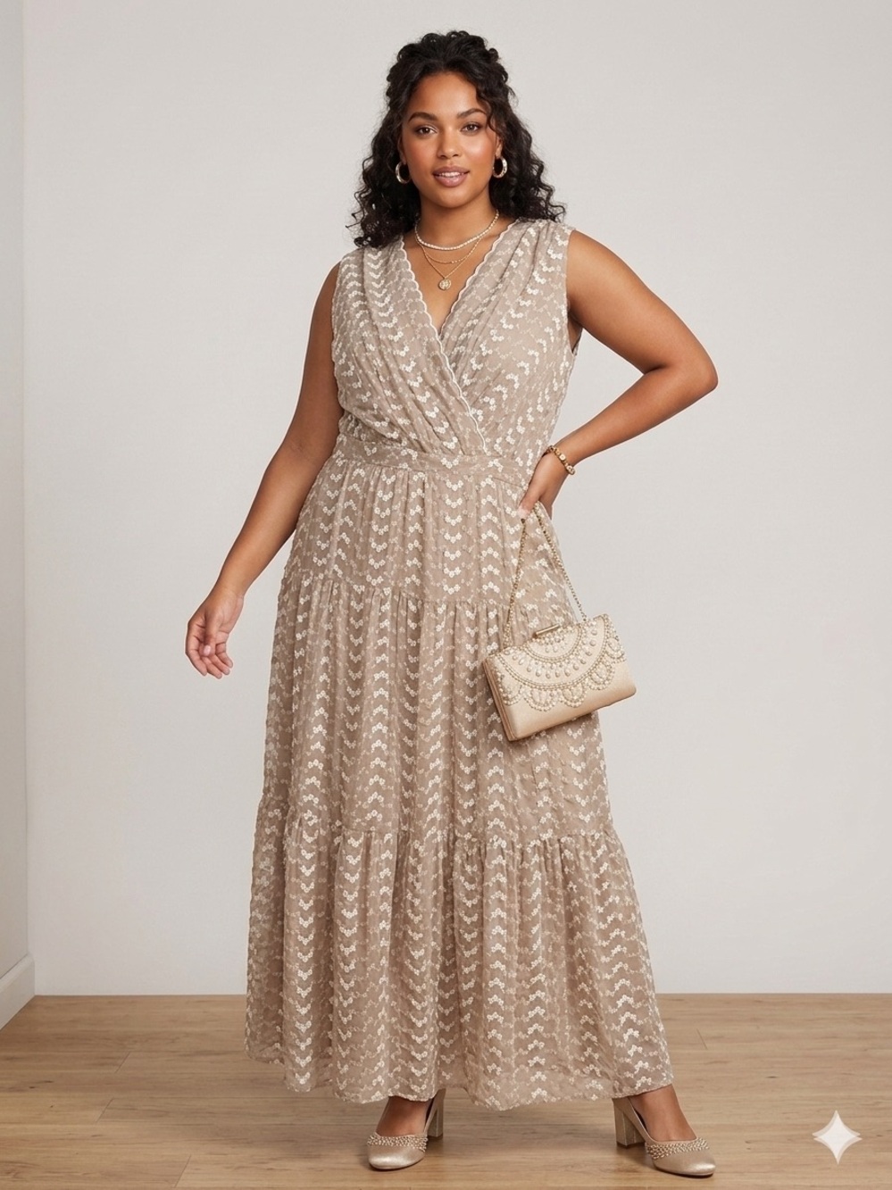 Taylor Beige Embroidered Maxi Dress Sleeveless Boho Romantic Cottagecore MOB 22W